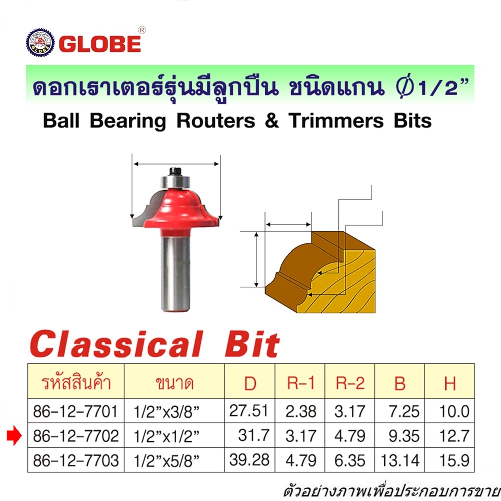 SKI - สกี จำหน่ายสินค้าหลากหลาย และคุณภาพดี | GLOBE 86-12-7702 Classical Bit ดอกเร้าเตอร์ หัวคาร์ไบท์