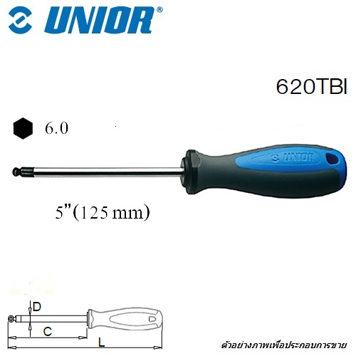 SKI - สกี จำหน่ายสินค้าหลากหลาย และคุณภาพดี | UNIOR 620TBI ไขควงหัวบอล 6 mm. หกเหลี่ยม ชุบโครเมี่ยมปากดำ ด้ามฟ้าเทา