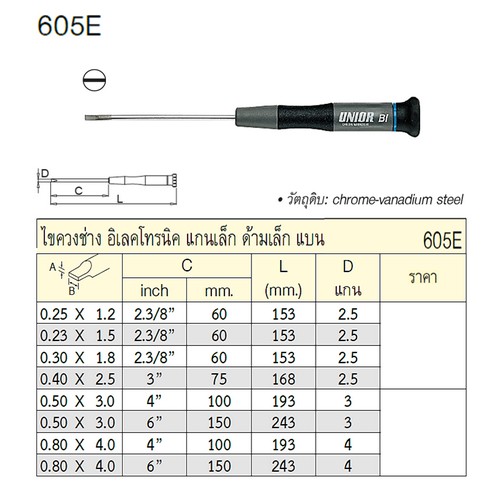 SKI - สกี จำหน่ายสินค้าหลากหลาย และคุณภาพดี | UNIOR 605E ไขควงแบน 1.2x60mm. ช่างอิเล็คโทรนิค แกนเล็ก ด้ามเล็ก