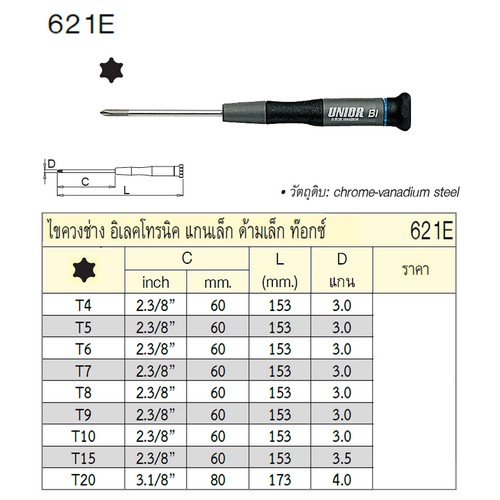 SKI - สกี จำหน่ายสินค้าหลากหลาย และคุณภาพดี | UNIOR 621E ไขควงท๊อก T8 ช่างอีเล็คทรอนิค แกนเล็ก ด้ามเล็ก