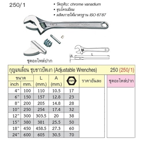 SKI - สกี จำหน่ายสินค้าหลากหลาย และคุณภาพดี | UNIOR 250/1 ประแจเลื่อนชุบขาวปัดเงา 4นิ้ว (250)