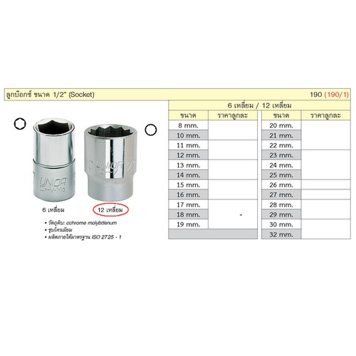 SKI - สกี จำหน่ายสินค้าหลากหลาย และคุณภาพดี | UNIOR 190/1 ลูกบ๊อก 1/2นิ้ว-12P-22mm. (190)