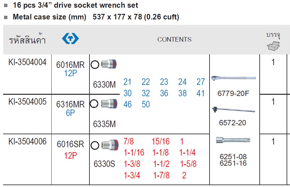 SKI - สกี จำหน่ายสินค้าหลากหลาย และคุณภาพดี | KINGTONY 6316MR บ๊อกชุด รู 3/4นิ้ว-6P-16 ตัวชุด (21-50mm.)