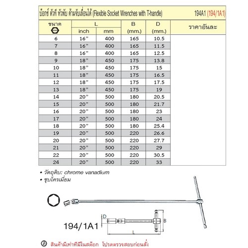 SKI - สกี จำหน่ายสินค้าหลากหลาย และคุณภาพดี | UNIOR 194/1A1 บ๊อกตัวที หัวพับ 16mm. ด้ามจับเลื่อนได้ (194A1)