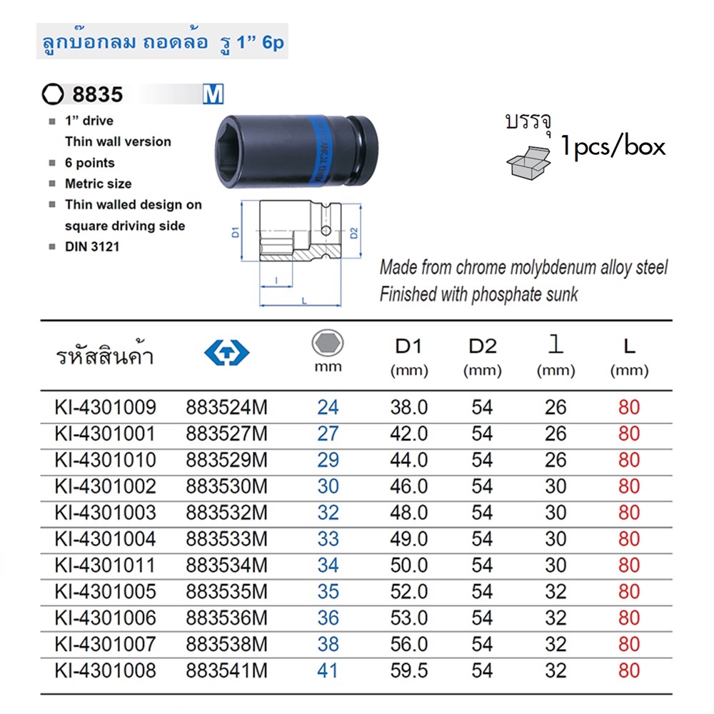 SKI - สกี จำหน่ายสินค้าหลากหลาย และคุณภาพดี | KINGTONY ลูกบ๊อกลมถอดล้อ รู 1นิ้ว-6P-36mm.