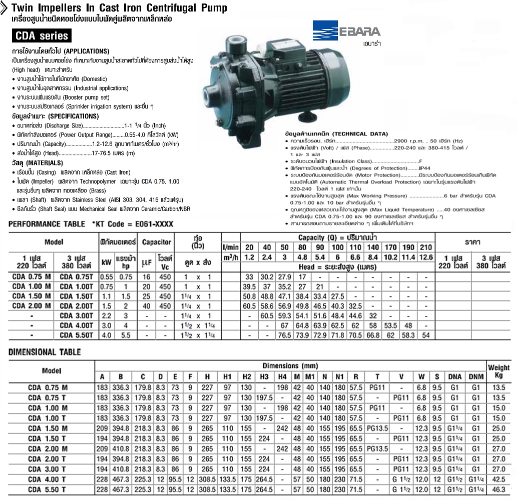 SKI - สกี จำหน่ายสินค้าหลากหลาย และคุณภาพดี | EBARA CDA-1.50T (1.5HPx3สาย) 1.1/4นิ้วx1นิ้ว ปั๊มหอยโข่งใบพัดคู่